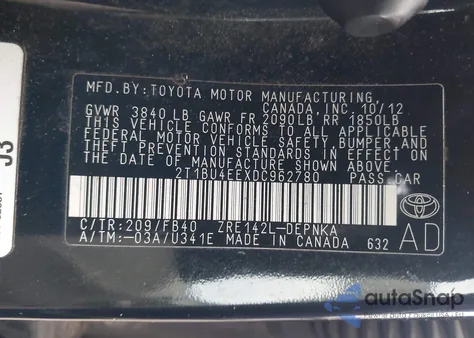 2013 Toyota Corolla Le из США, поврежденный, VIN 2T1BU4EEXDC962780